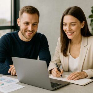 Junges Team bei der digitalen Hochzeitsassistenz – ein Mann und eine Frau arbeiten gemeinsam am Laptop mit Notizen und Diagrammen auf dem Tisch.