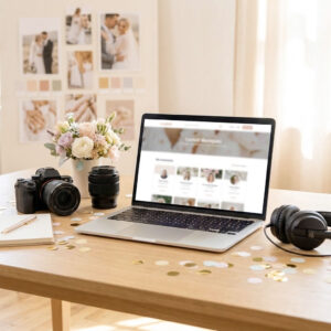 Laptop mit Confetti Marktplatz für Hochzeitsdienstleister auf einem Tisch mit Kamera, Blumen und Notizbuch