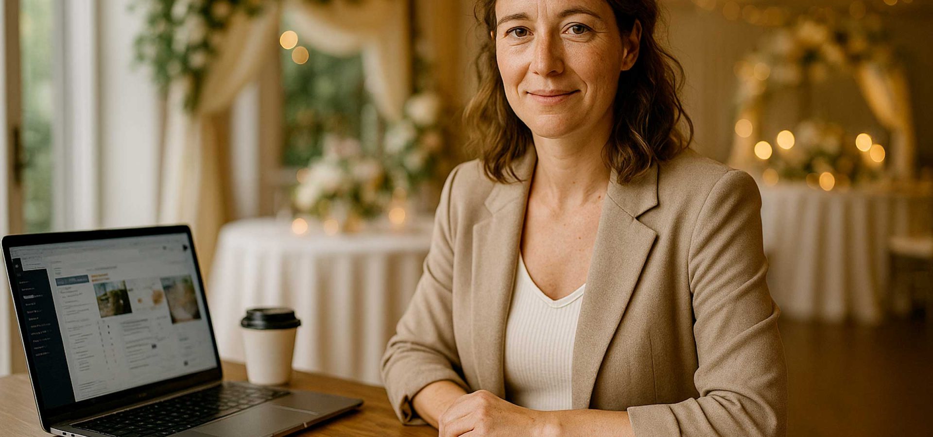 Hochzeitsplanerin bei der Arbeit mit Laptop und Klemmbrett in stilvoller Hochzeitslocation
